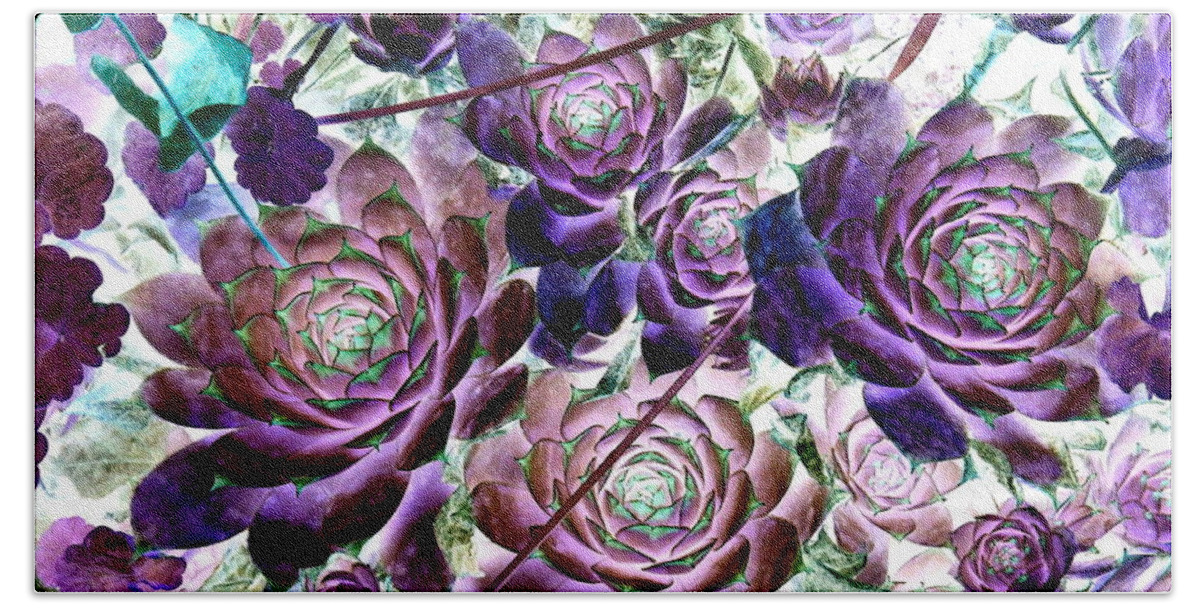 Hens And Chicks Bath Towel featuring the photograph Hens and Chicks - Botanical - Indigo Blue and Purple by Janine Riley