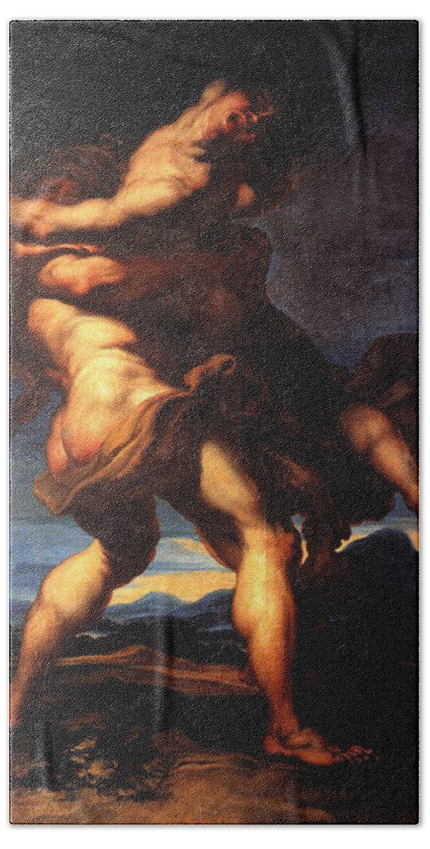 Hercules And Antaeus Bath Towel featuring the painting Hercules and Antaeus by Gaudenzio Ferrari