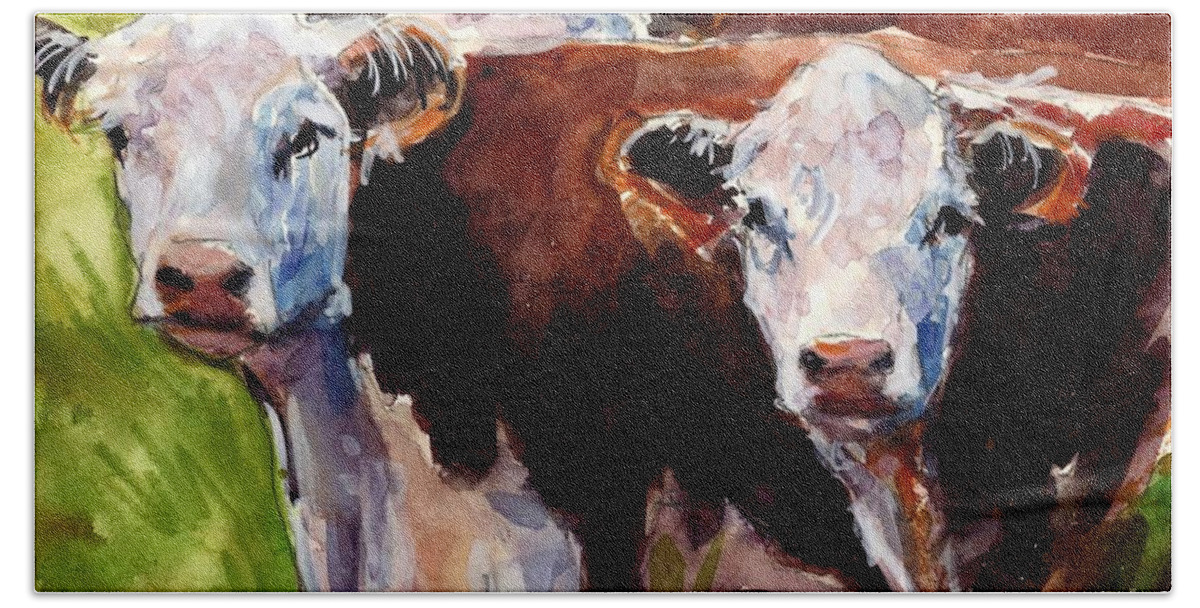 Hereford Cows Bath Towel featuring the painting Hereford Ears by Molly Poole