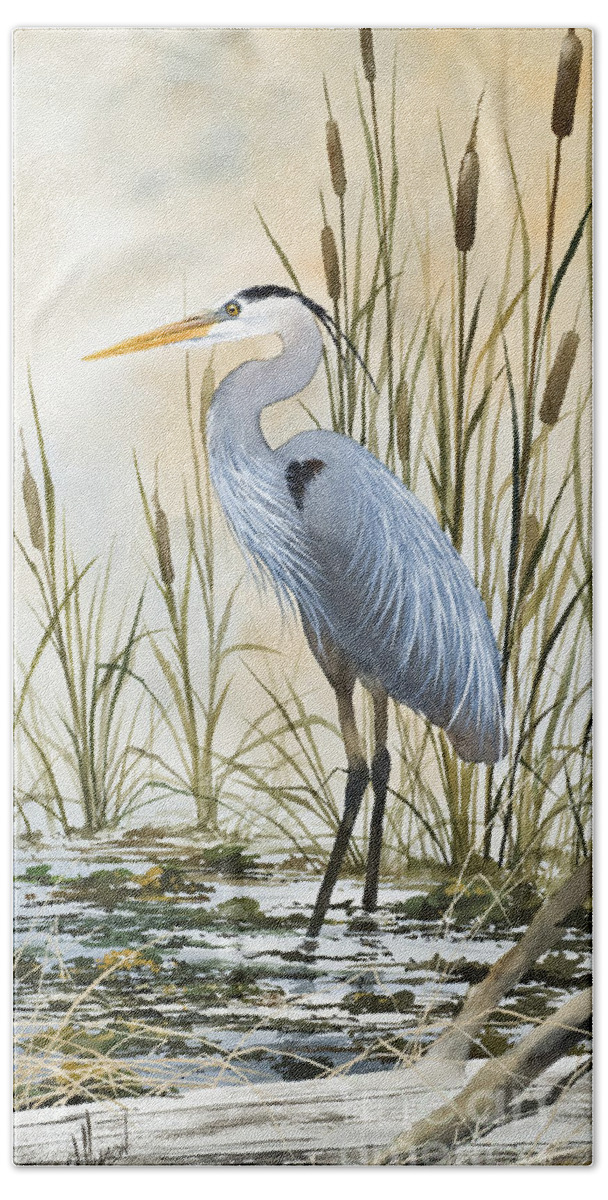 Heron Limited Edition Prints Hand Towel featuring the painting Heron and Cattails by James Williamson