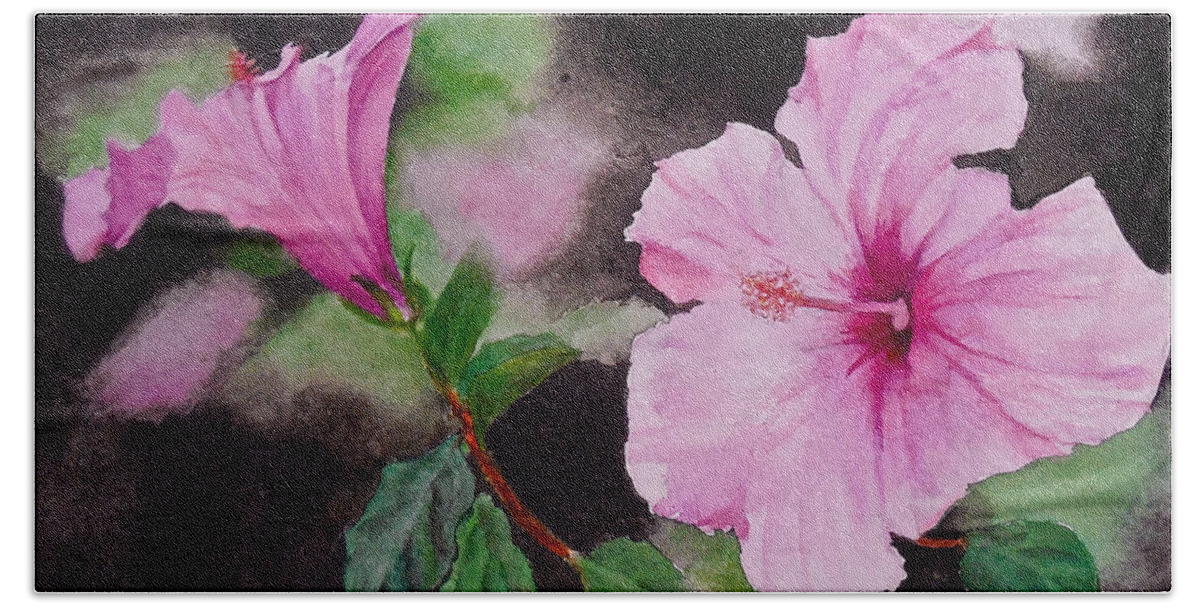 Flowers. Hibiscus Hand Towel featuring the painting Hibiscus - So Pretty in Pink by Sher Nasser