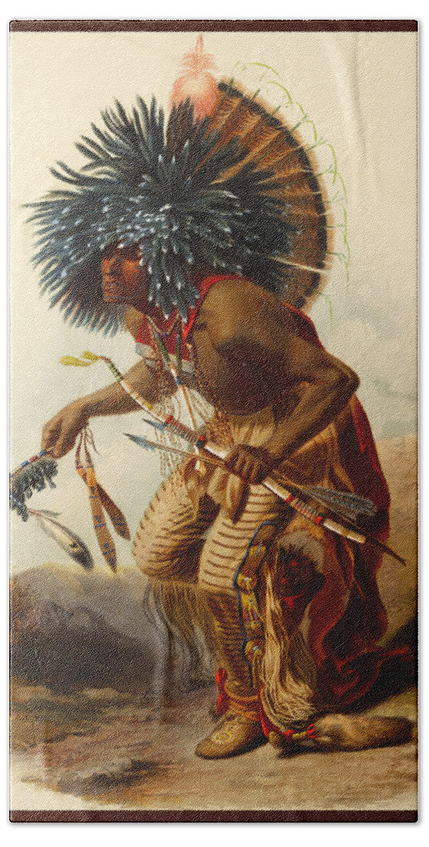 Native American Poster Hand Towel featuring the digital art Hidatsa Warrior by Karl Bodmer