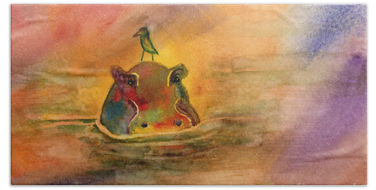 Hippopotamus Hand Towel featuring the painting Hippo Birdie by Amy Kirkpatrick