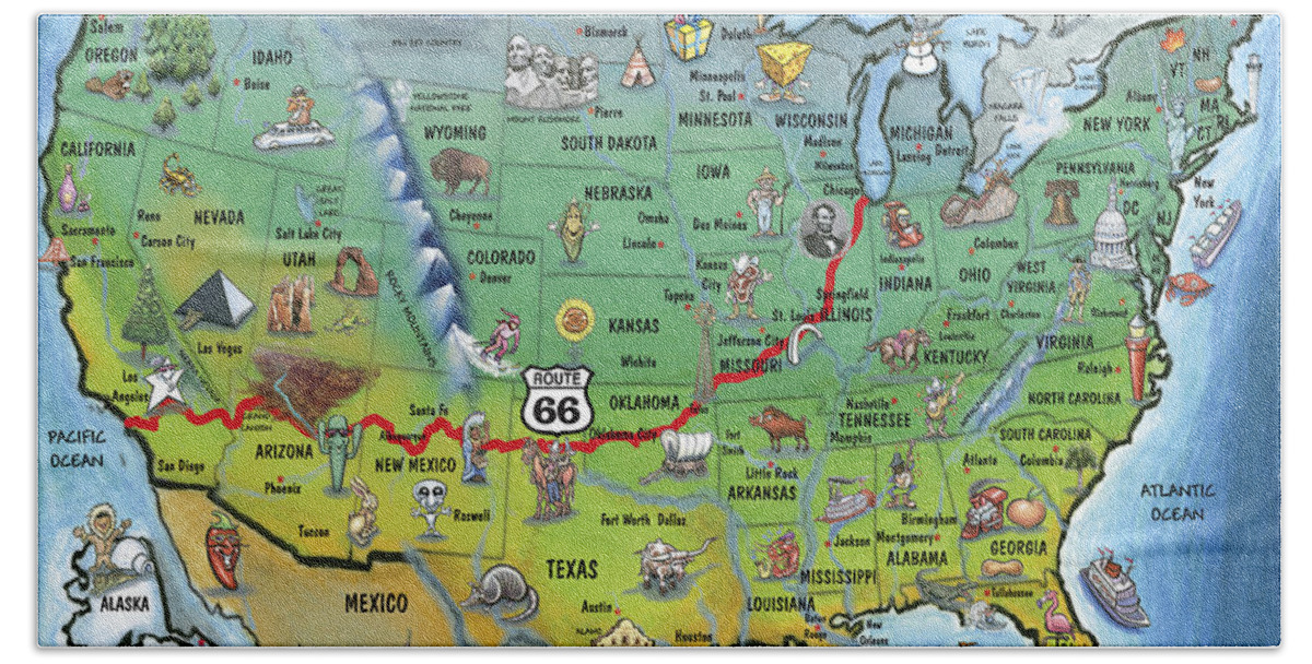 Route 66 Hand Towel featuring the painting Historic Route 66 Cartoon Map by Kevin Middleton