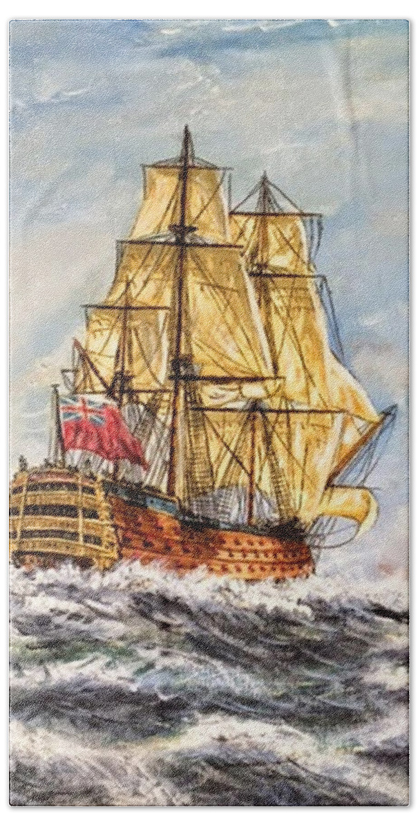 Hms Victory Bath Towel featuring the painting HMS Victory at Sea by Mackenzie Moulton