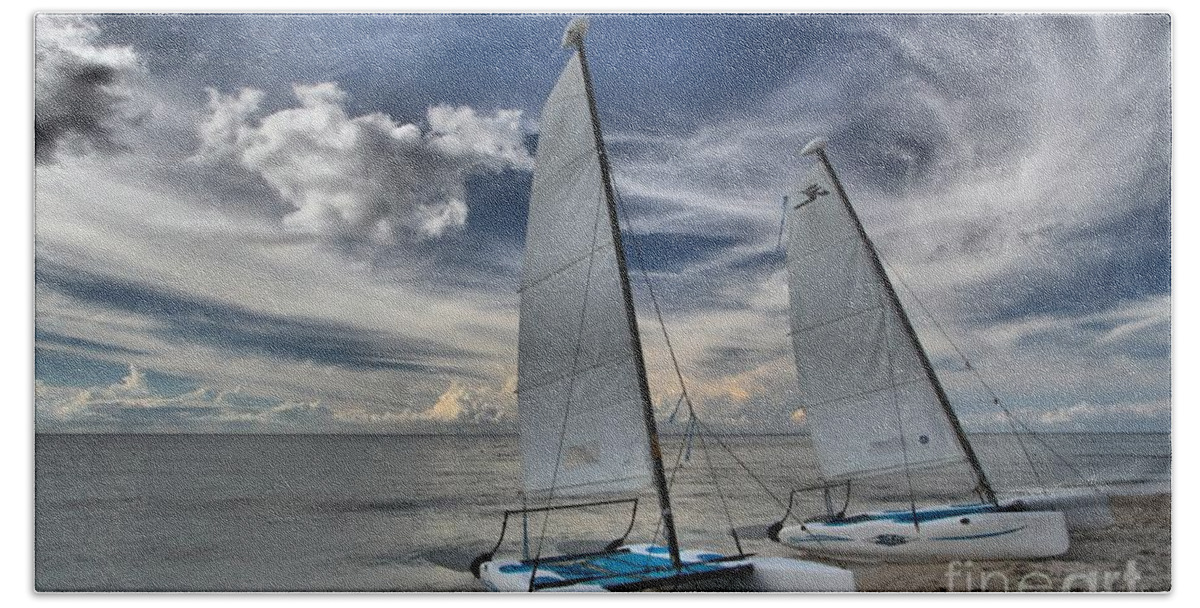 Caribbean Ocean Bath Towel featuring the photograph Hobie Cats On The Caribbean by Adam Jewell