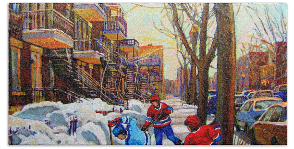 Montreal Bath Towel featuring the painting Hockey Art - Paintings Of Verdun- Montreal Street Scenes In Winter by Carole Spandau