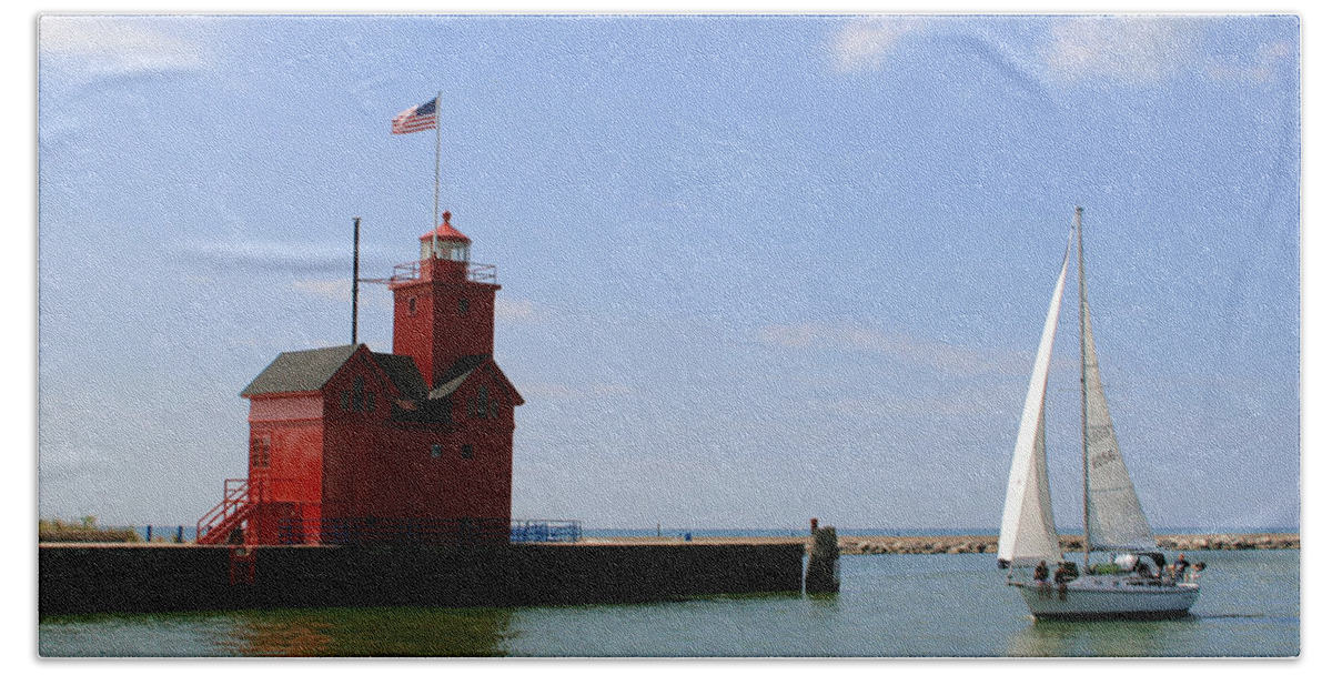 Light Hand Towel featuring the photograph Holland Harbor Lighthouse with Sailboat by George Jones