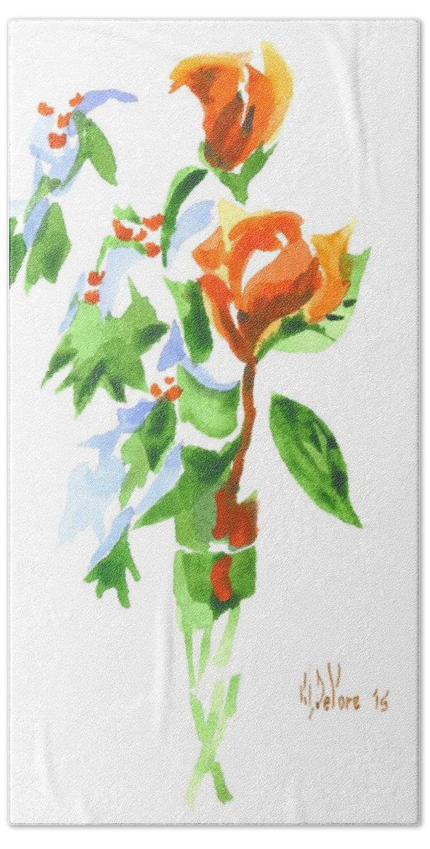 Holly With Red Roses In A Vase Hand Towel featuring the painting Holly with Red Roses in a Vase by Kip DeVore