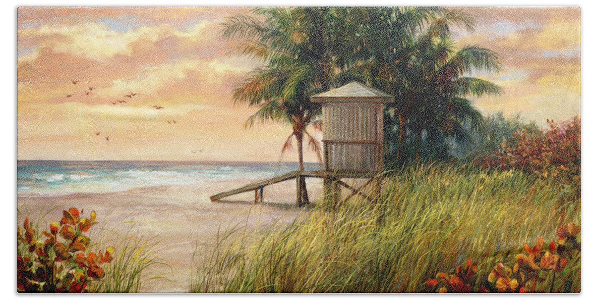 Beach Hand Towel featuring the painting Hollywood Life Guard Hut by Laurie Snow Hein