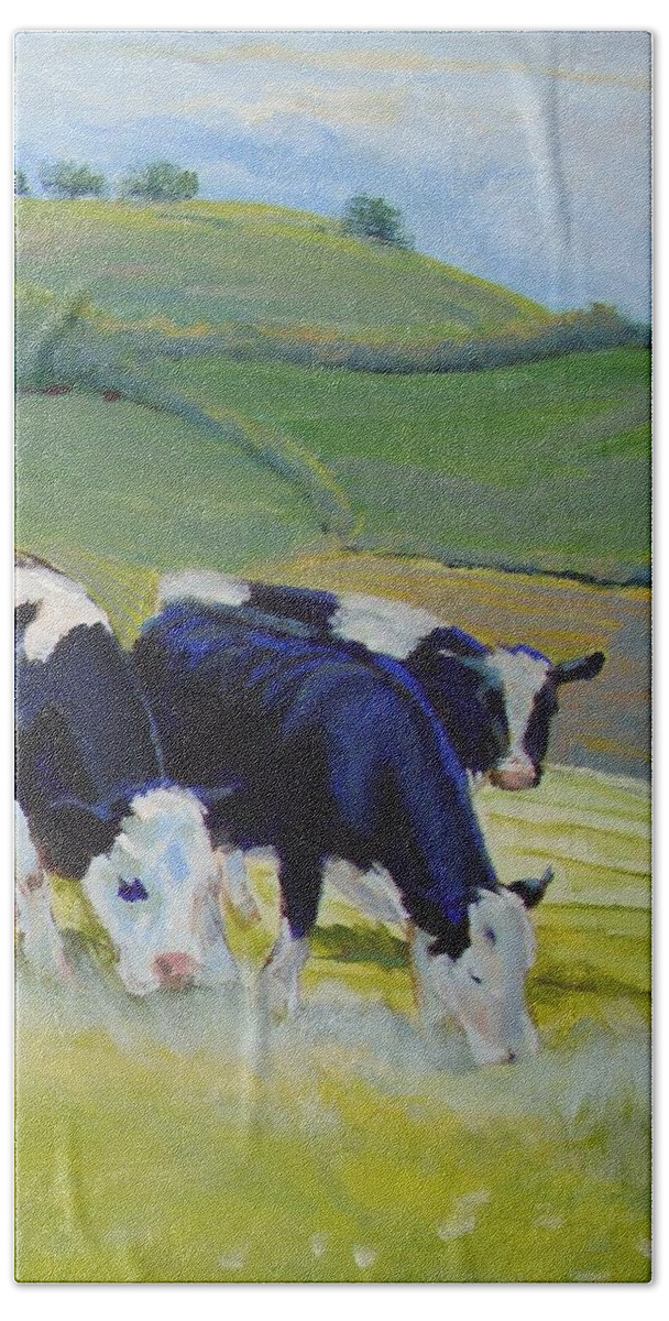 Cow Hand Towel featuring the painting Holstein Friesian Cows #3 by Mike Jory