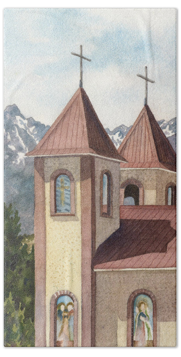 Church Painting Hand Towel featuring the painting Holy Family Catholic Church in Fort Garland Colorado by Anne Gifford