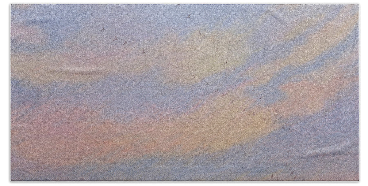 Rural; Landscape; Sky; Flock; Birds; Flying; Formation; Migratory; Migration; Migrating; Swallows; Swallow Hand Towel featuring the painting Homeward by Ann Brain