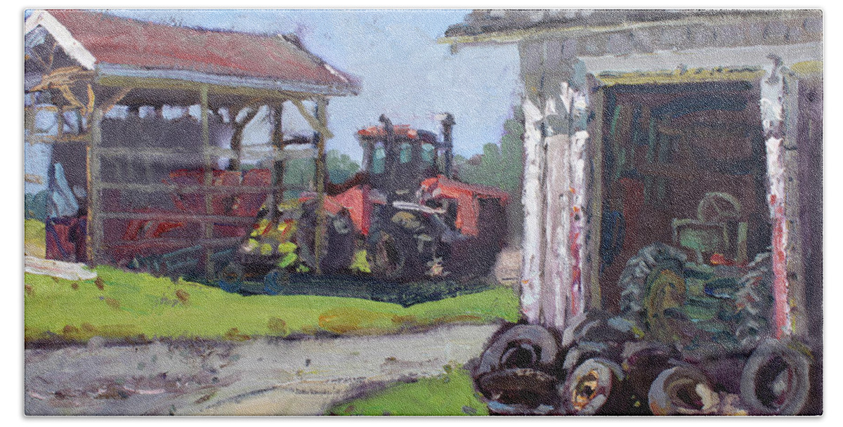 Hoover Farm Hand Towel featuring the painting Hoover Farm in Sanborn by Ylli Haruni