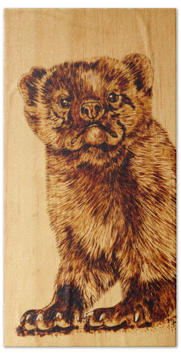 Marten Hand Towel featuring the pyrography Hope's Marten by Ron Haist