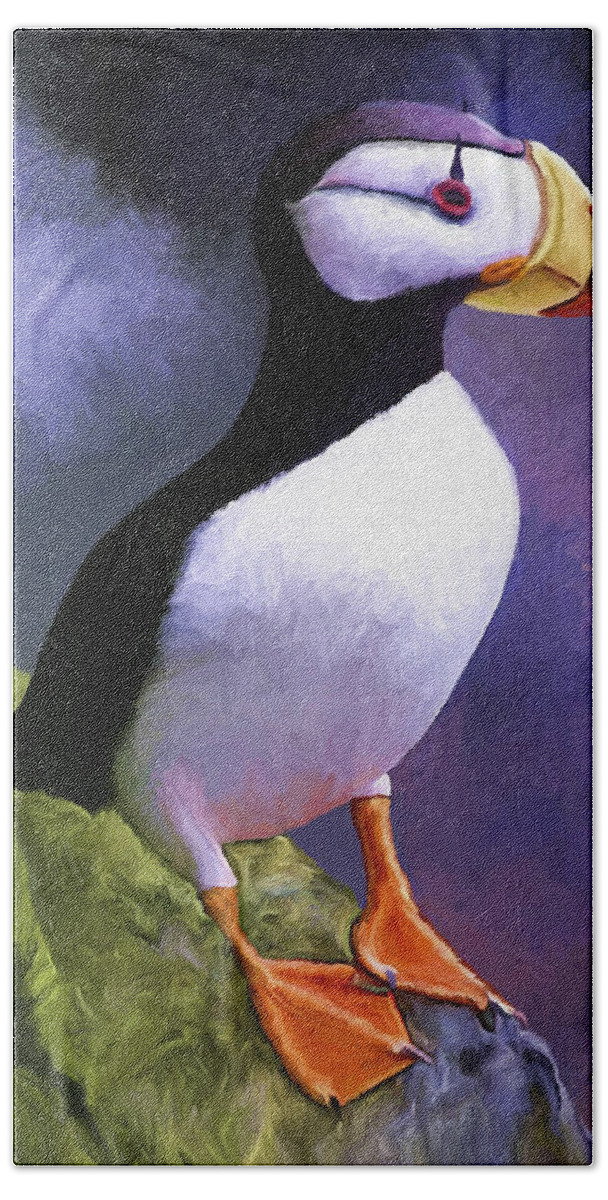 Animal Hand Towel featuring the painting Horned Puffin by David Wagner