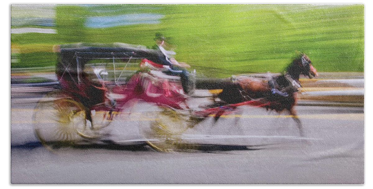 Photography Bath Towel featuring the photograph Horse And Carriage Drives In Traffic by Panoramic Images