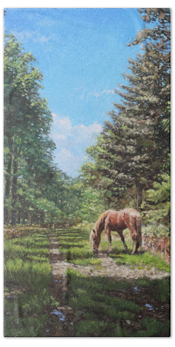 Horse Bath Towel featuring the painting Horse in New Forest by Martin Davey