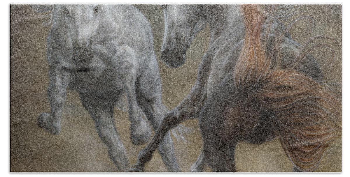 North Dakota Artist Hand Towel featuring the painting Horseplay II by Wayne Pruse
