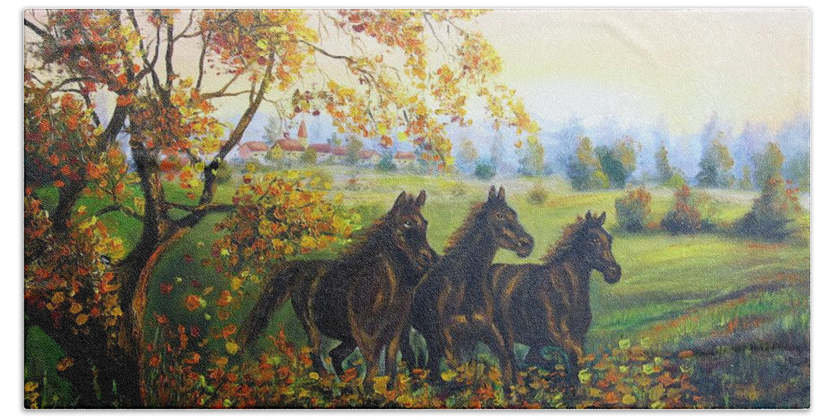 Horses Hand Towel featuring the painting Horses by Vesna Martinjak