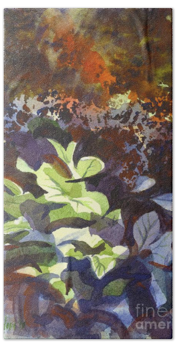 Hostas In The Forest Hand Towel featuring the painting Hostas in the Forest by Kip DeVore