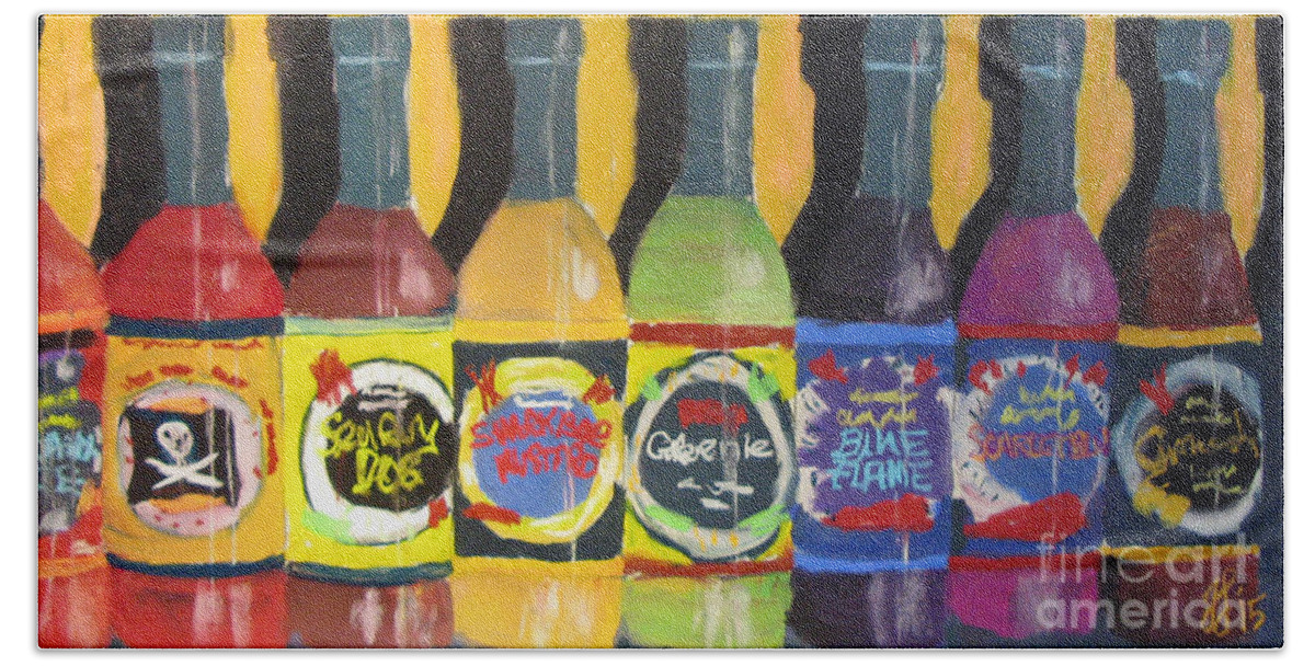 #hotsauce Hand Towel featuring the painting Hot Shelf by Francois Lamothe