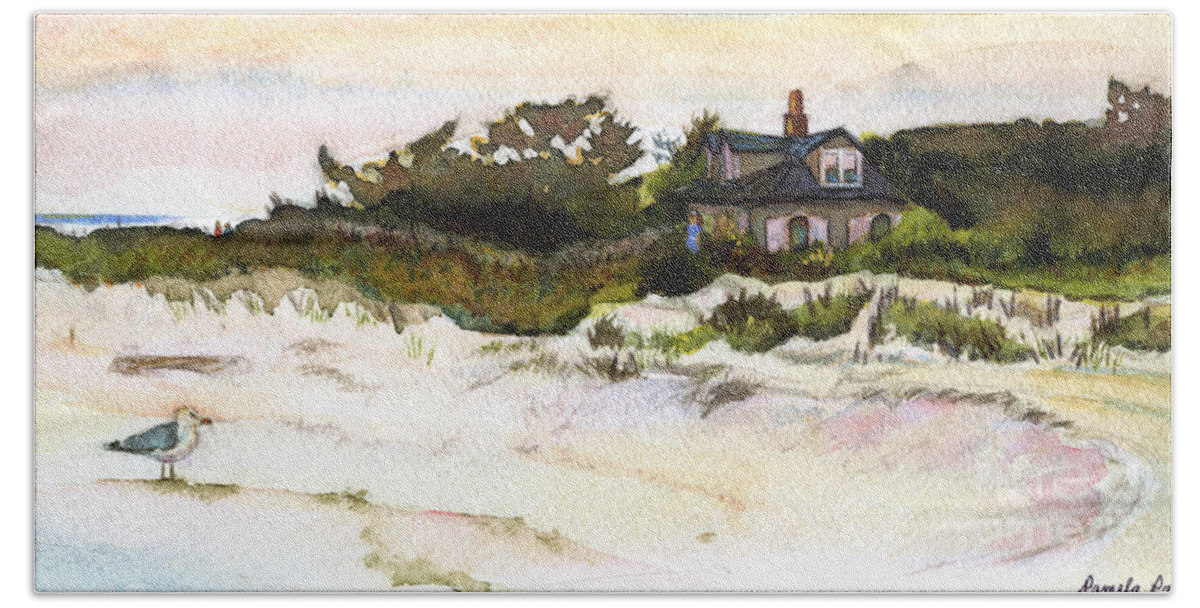 Long Beach Island Paintings Hand Towel featuring the painting House at the End of the Island Long Beach Island NJ by Pamela Parsons