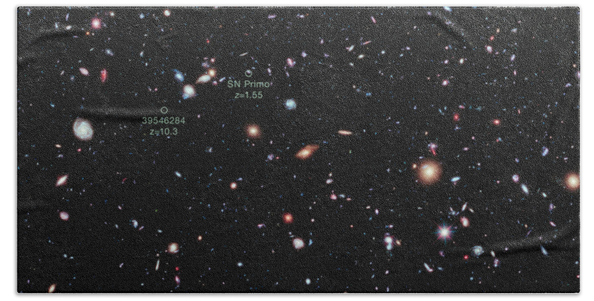 Annotated Bath Towel featuring the photograph Hubble Extreme Deep Field Xdf by Science Source