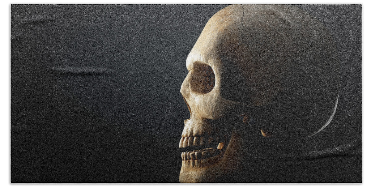 Skull Hand Towel featuring the photograph Human skull profile on dark background by Johan Swanepoel