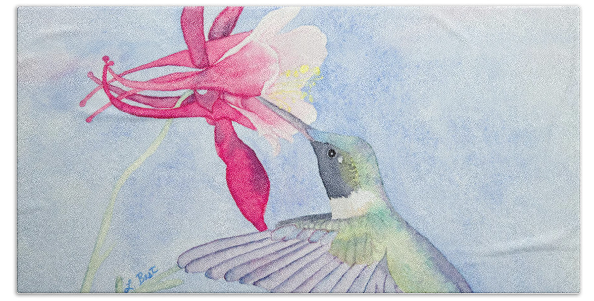 Ruby-throated Hand Towel featuring the painting Hummingbird and Columbine by Laurel Best