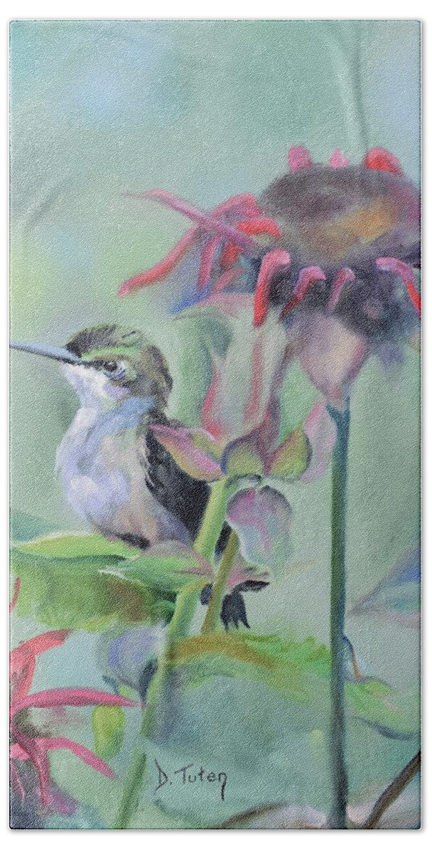 Hummingbird Bath Towel featuring the painting Hummingbird and Coneflowers by Donna Tuten