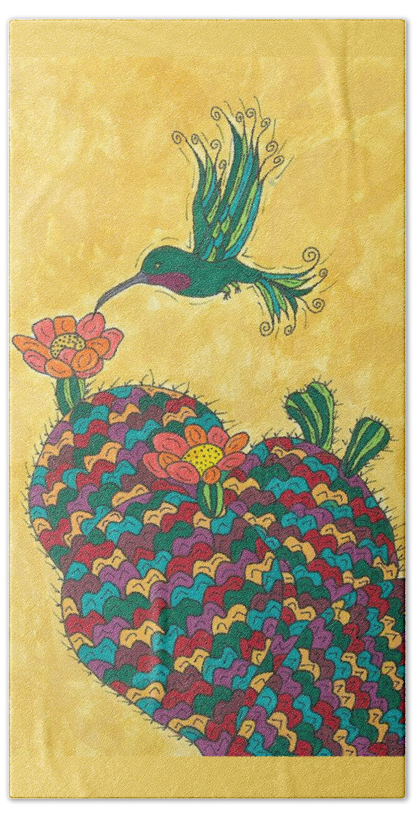 Prickly Pear Bath Towel featuring the painting Hummingbird and Prickly Pear by Susie Weber