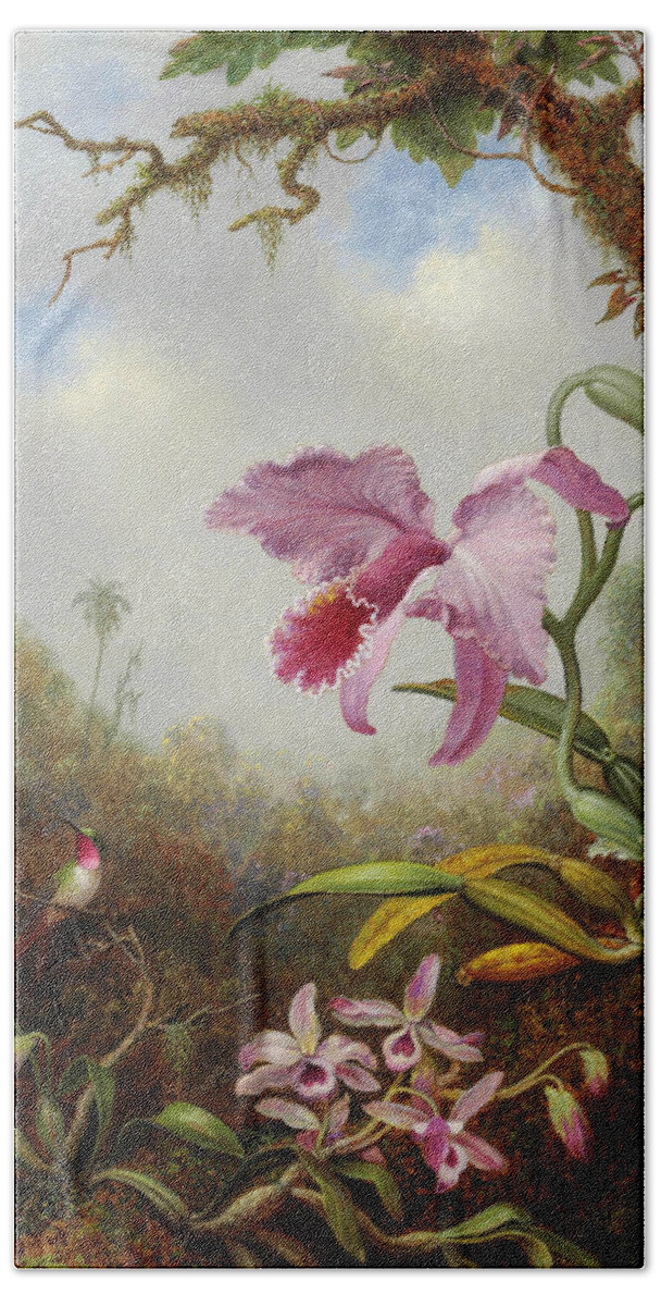 Orchid Hand Towel featuring the painting Hummingbird and Two Types of Orchids by Martin Johnson Heade 
