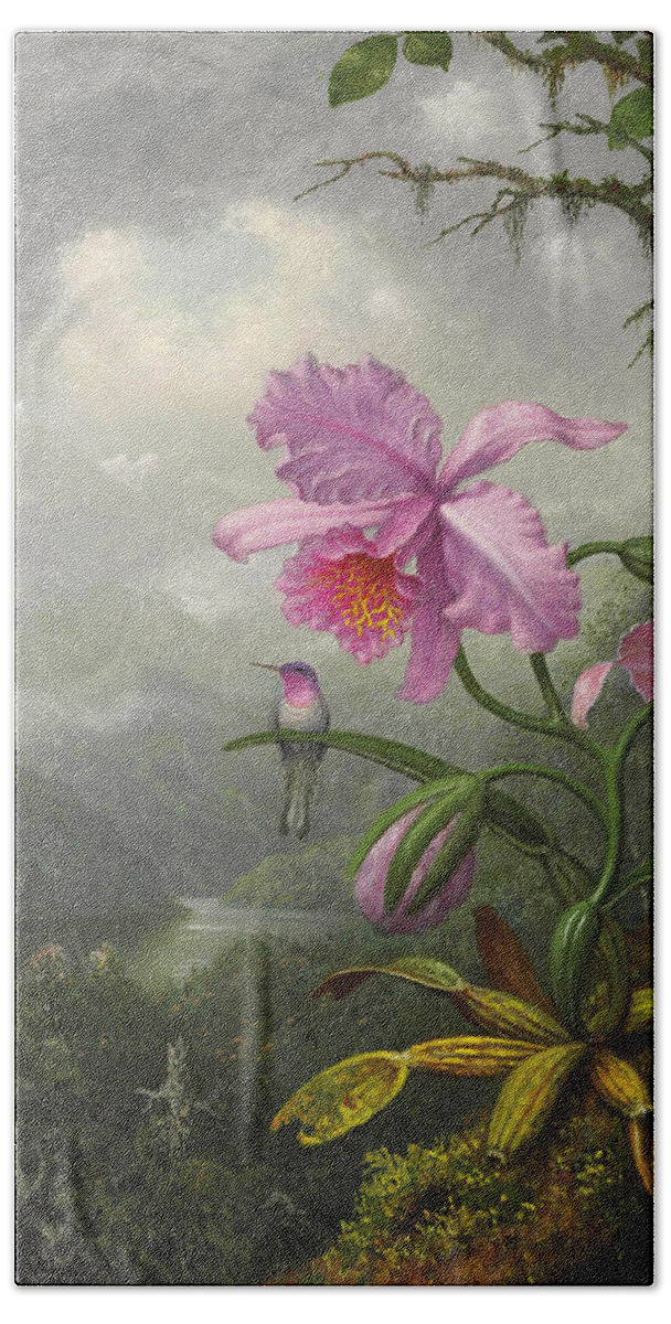 Orchid Hand Towel featuring the painting Hummingbird Perched on the Orchid Plant by Martin Johnson Heade