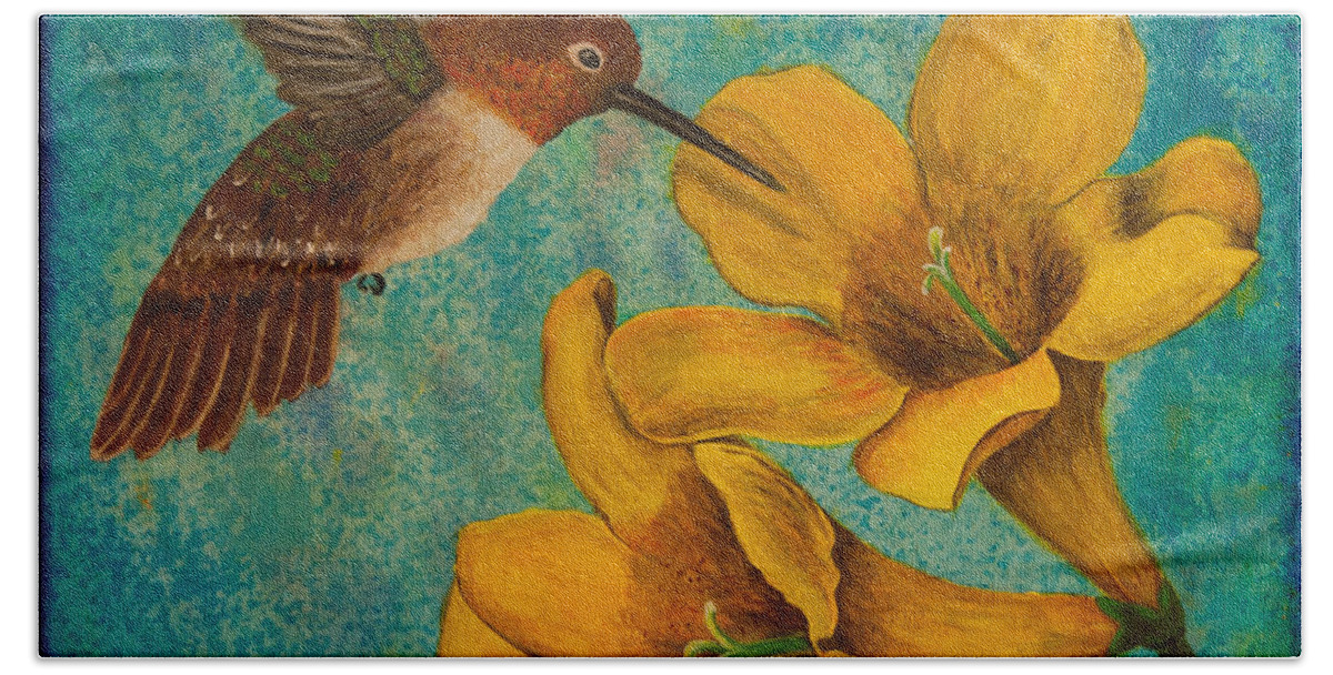 Bird Bath Towel featuring the painting Hummingbird with Yellow Jasmine by Susan Cliett