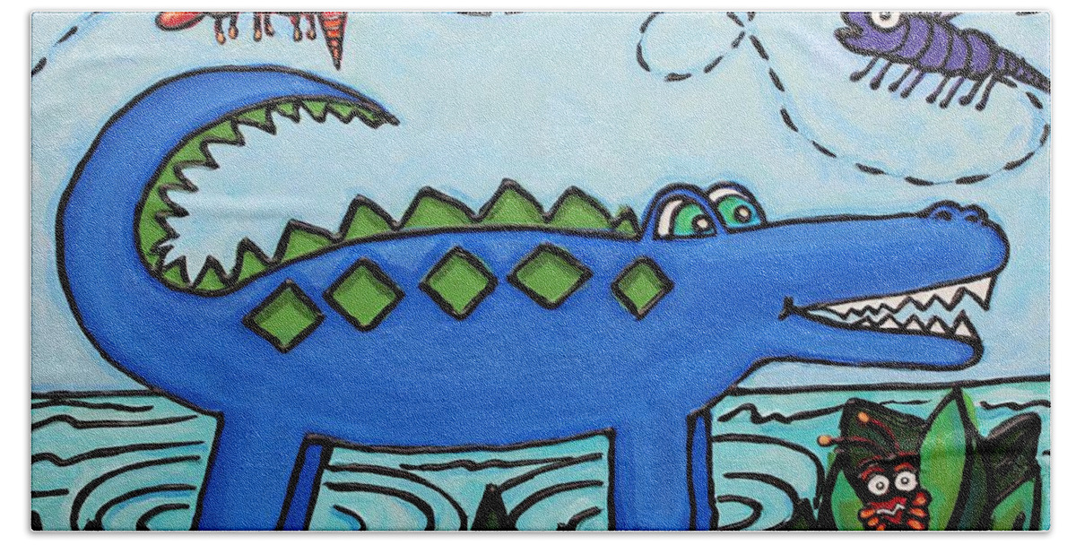 Gator Hand Towel featuring the painting Hungry Blue Gator by Cynthia Snyder