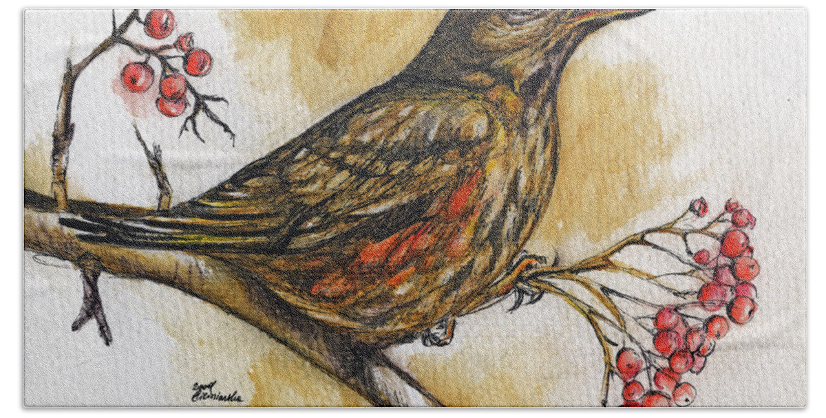 Thrush Bath Towel featuring the painting Hungry Thrush by Ang El