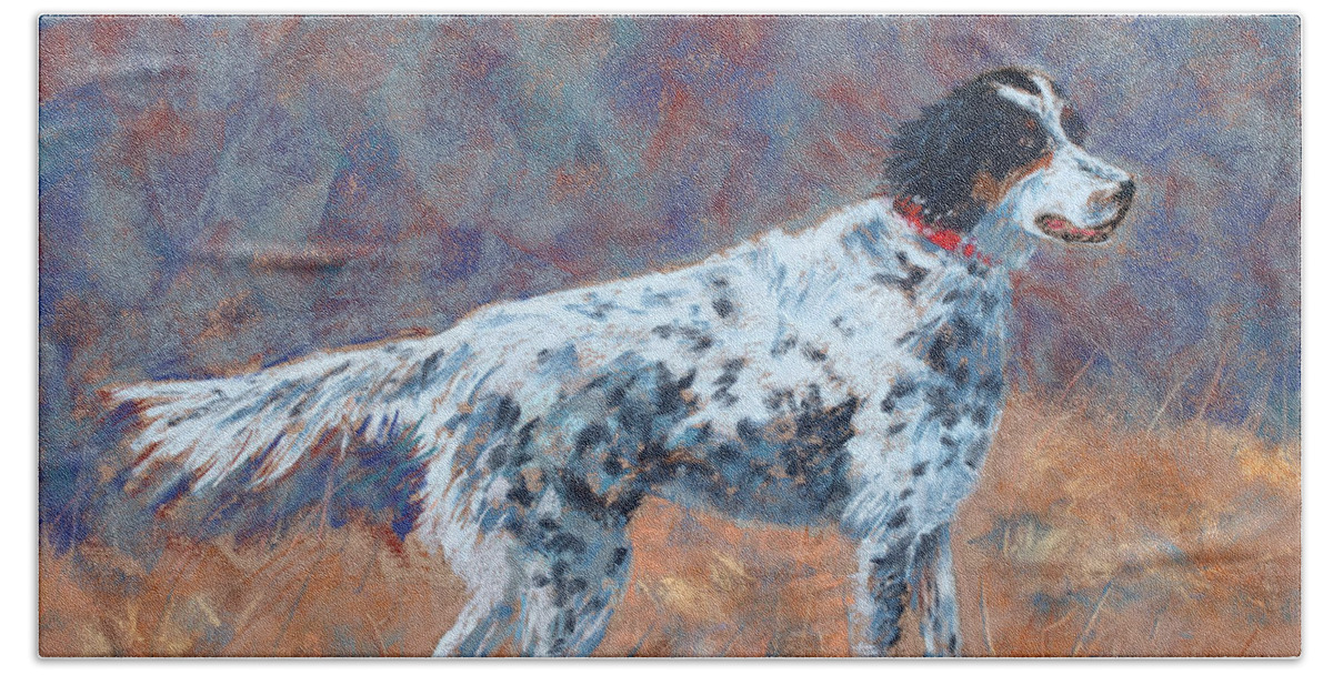 Dogs Bath Sheet featuring the painting Hunter on Point by Mary Benke