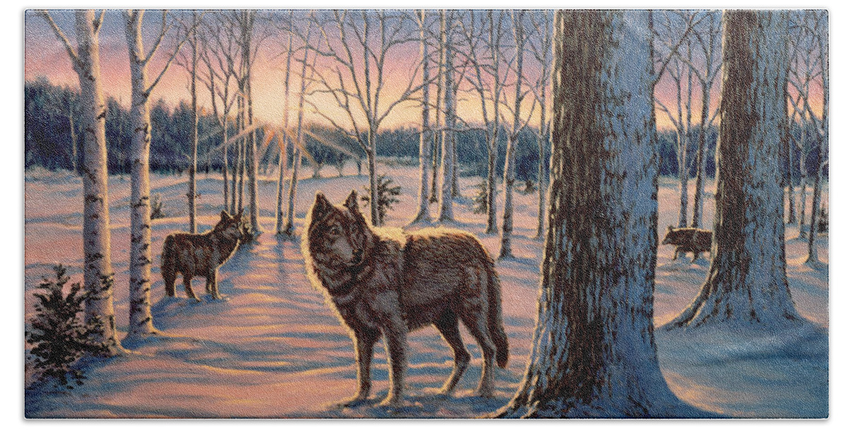 Wolf Hand Towel featuring the painting Hunters at Twilight by Richard De Wolfe