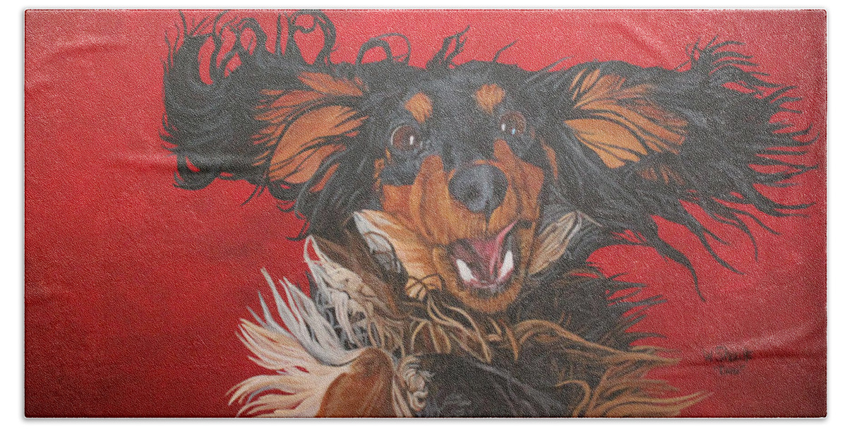 Dachshund Bath Towel featuring the painting I am sooooooo HaPpY to see you by Wendy Shoults