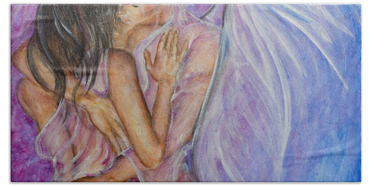 Angel Lovers Bath Towel featuring the painting I Believed In You by Nik Helbig