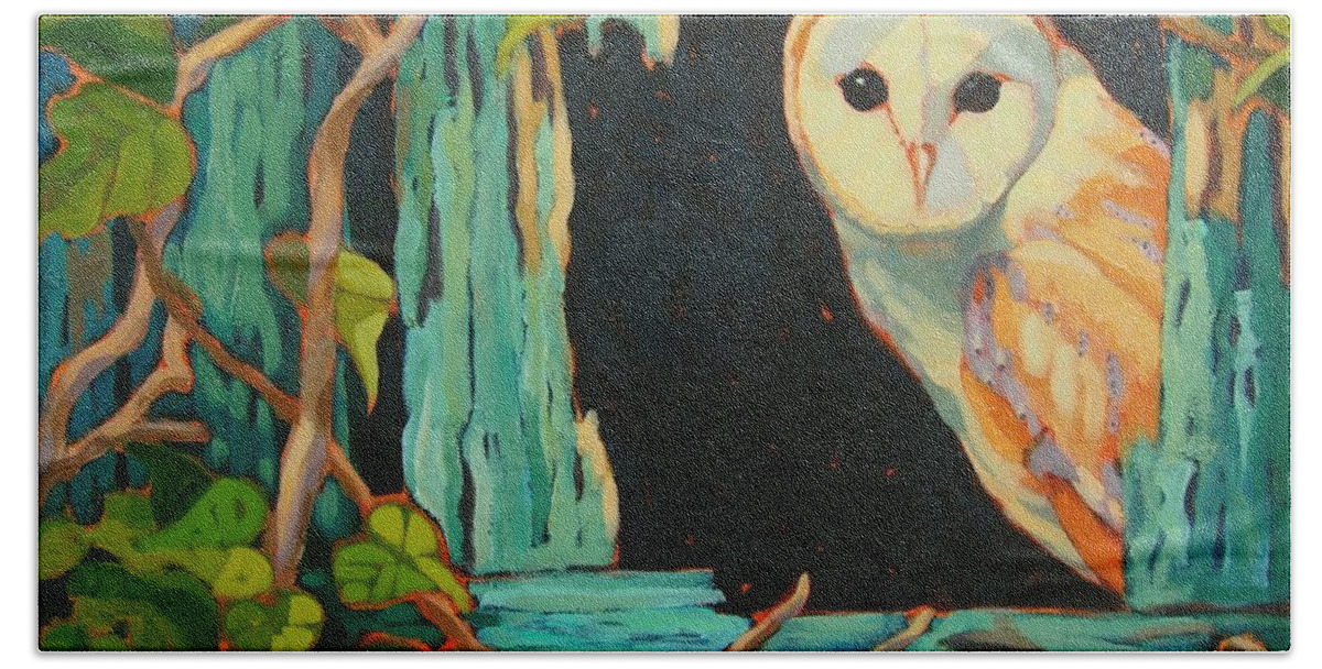 Owl Hand Towel featuring the painting I See You by Janet McDonald