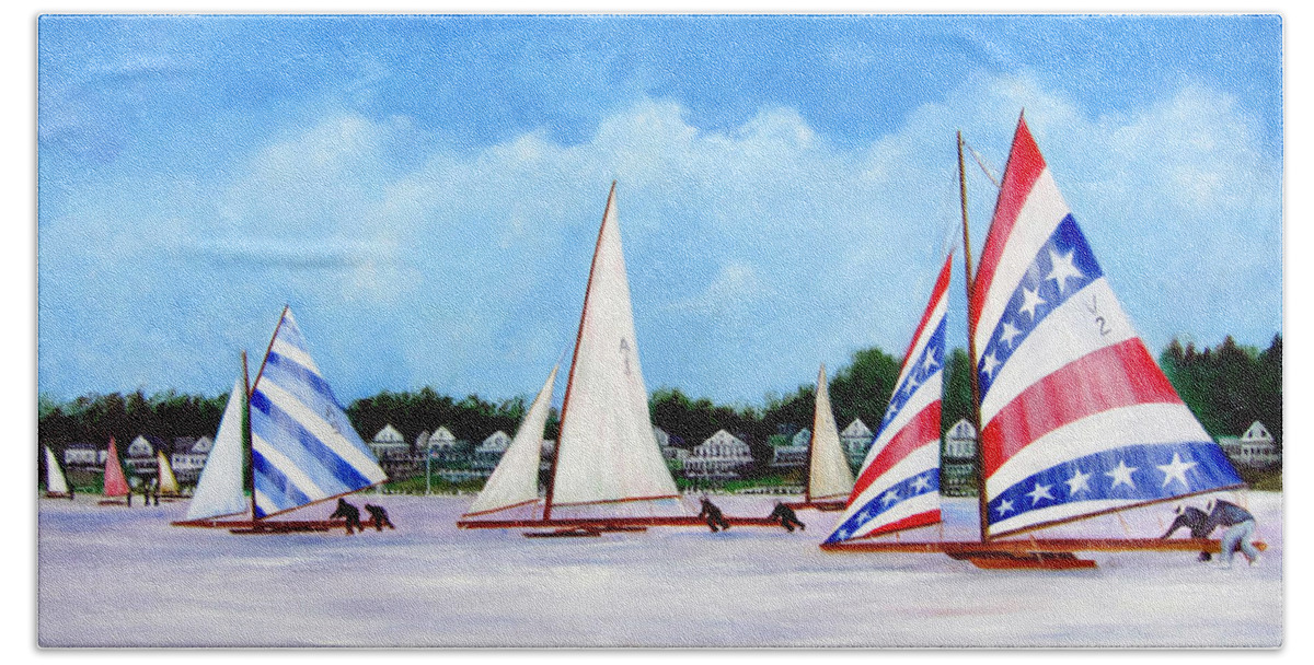 Red Bank Nj Bath Towel featuring the painting Winter Sails on the Navesink River Red Bank by Leonardo Ruggieri