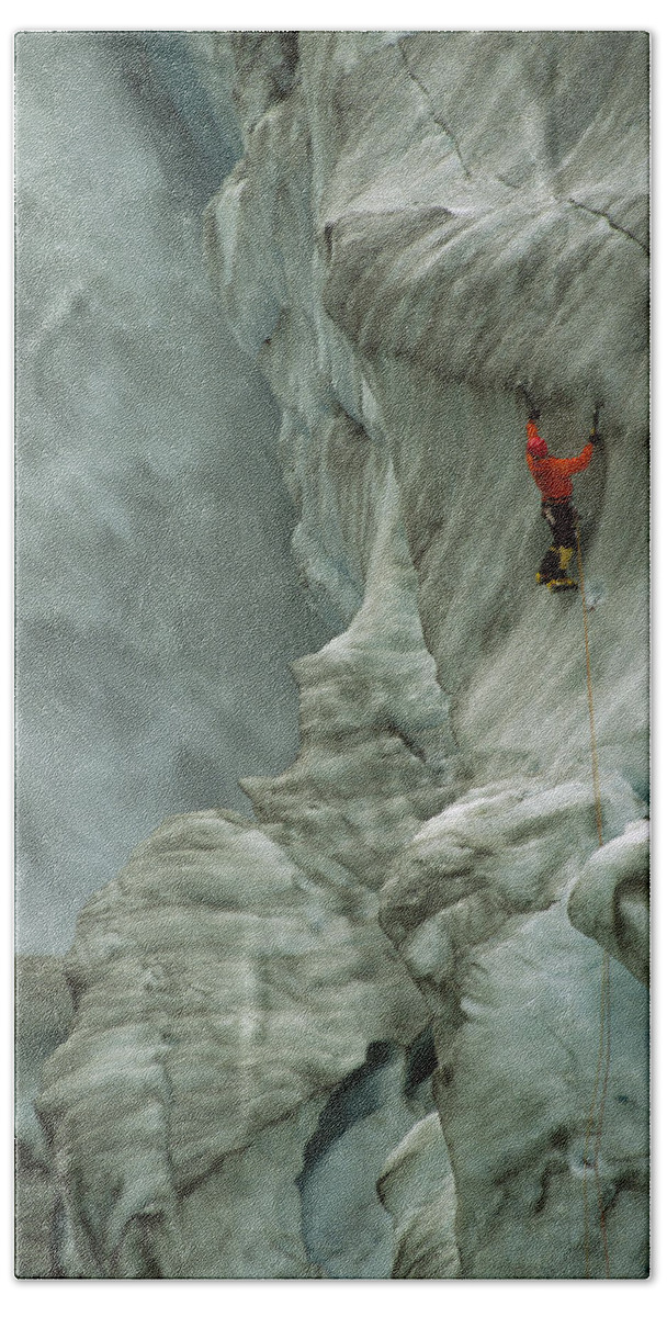 Feb0514 Bath Towel featuring the photograph Ice Climber In Fox Glacier Crevasse by Colin Monteath
