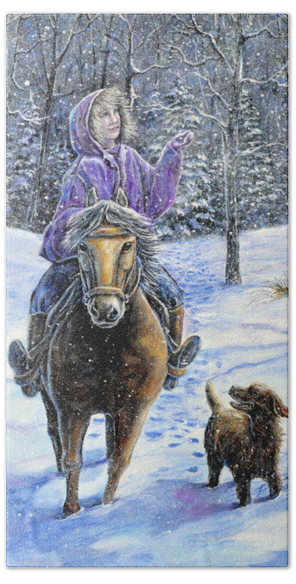 Nature Landscape Girl Ride Horse Dog Snow Country Friend Hand Towel featuring the painting If Snowflakes Were Wishes by Gail Butler