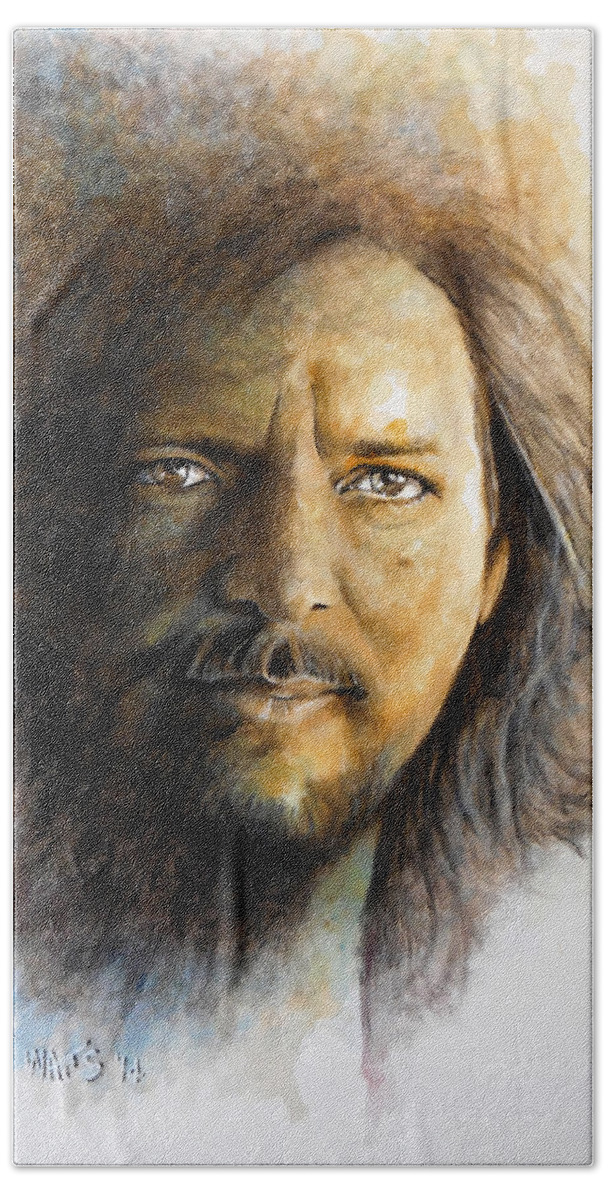 Eddie Vedder.musician.singer Hand Towel featuring the painting I'm Still Alive by William Walts
