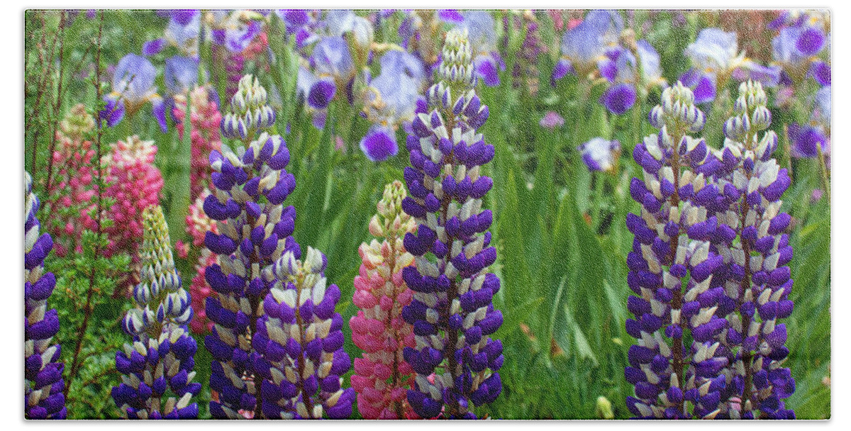 Flowers Photograph; Lupine Canvas Print Bath Towel featuring the photograph Below the Evergreen Dam by Jim Garrison