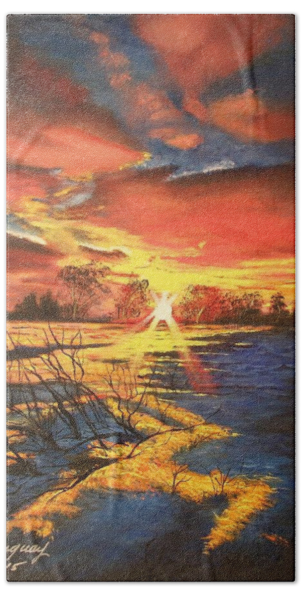Sunrise Bath Towel featuring the painting In The Still of Dawn-2 by Sharon Duguay