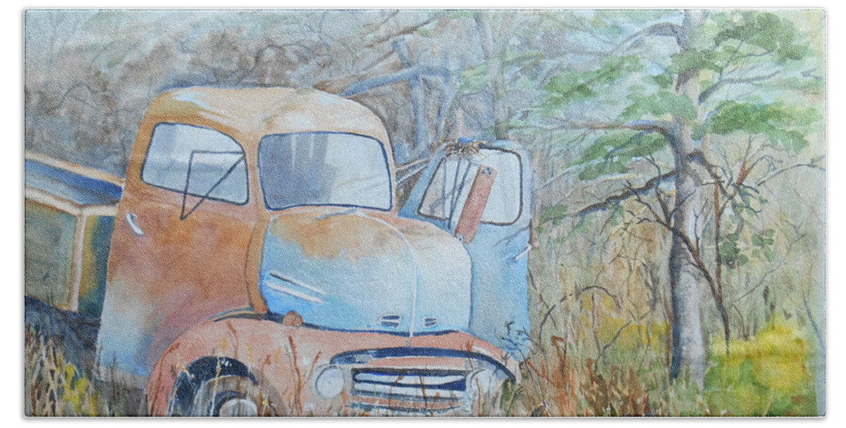 Truck Bath Towel featuring the painting In the Weeds by Christine Lathrop
