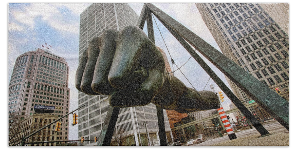 Joe Hand Towel featuring the photograph In Your Face - Joe Louis Fist Statue - Detroit Michigan by Gordon Dean II